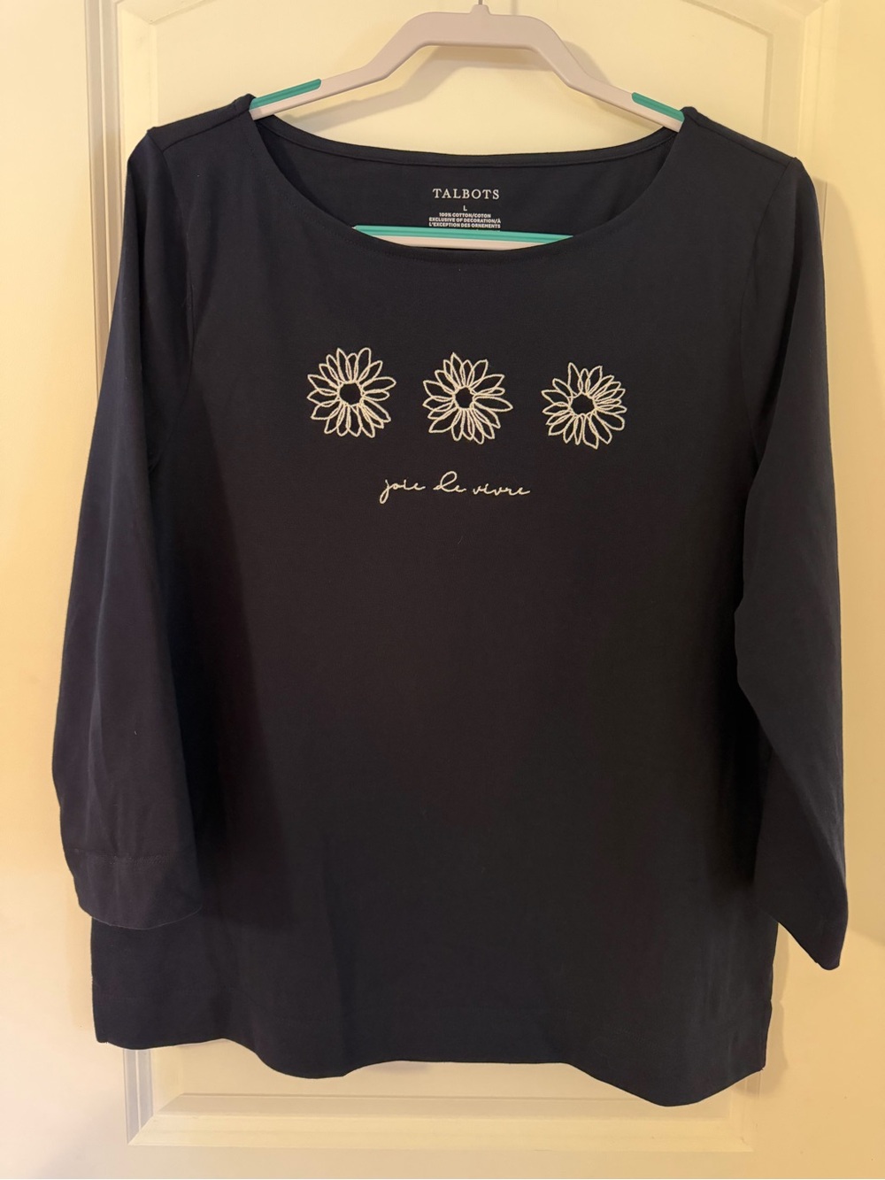 Talbots Navy Long-Sleeve Scoop Neck Top with White Daisy Embroidery, Size L